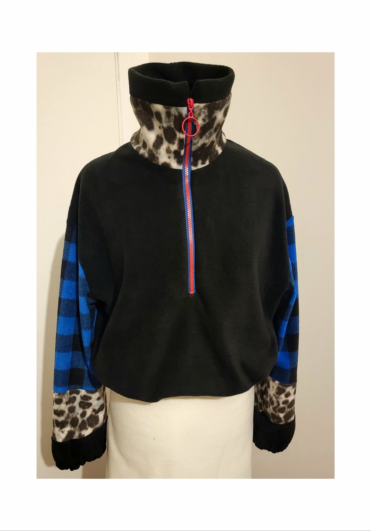 High collar, crop, fleece pullover with zipper