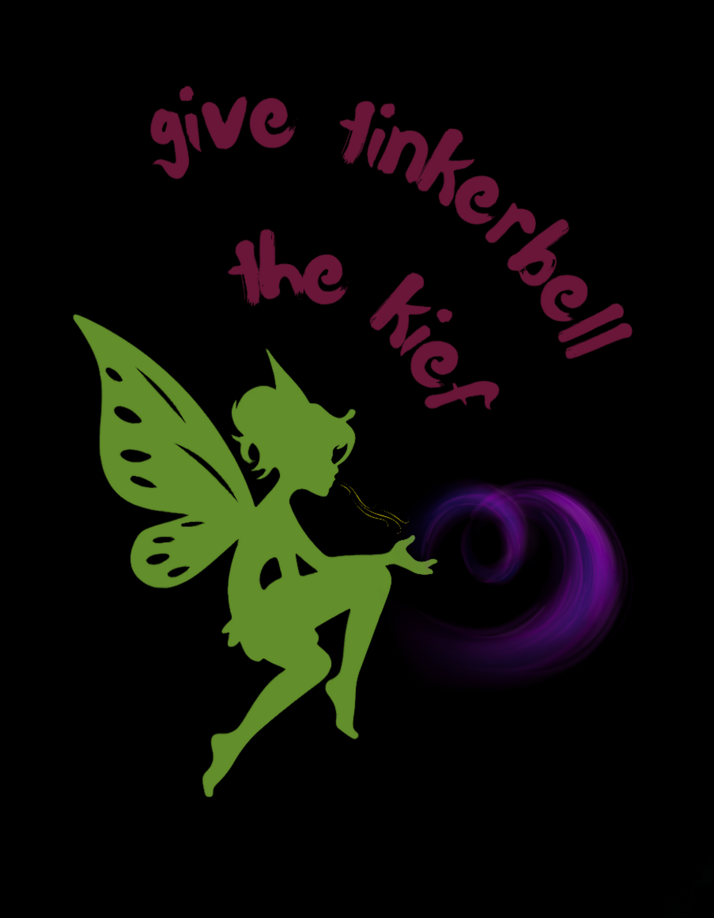 Green fairy silhouette with text 'give tinkerbell the kief' on a white background